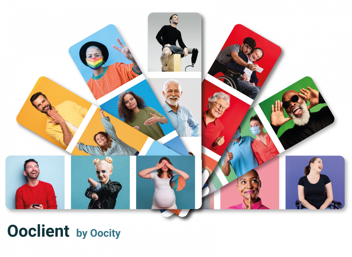 A fan-shaped photo mosaic with rectangular cards arranged in an arc. Each card contains a photograph of a person or group of people representing a diversity of ages, backgrounds, genders, abilities, and expressions.